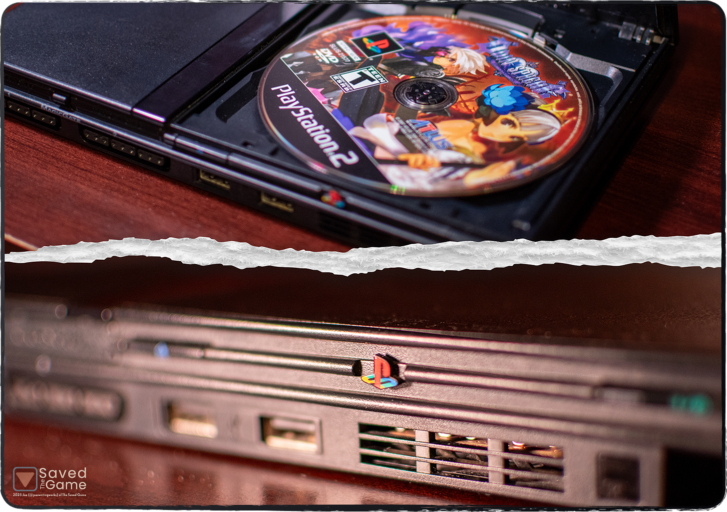 An image showing my PS2 with the cover open and a game inside and another with the focus on the PlayStation logo!