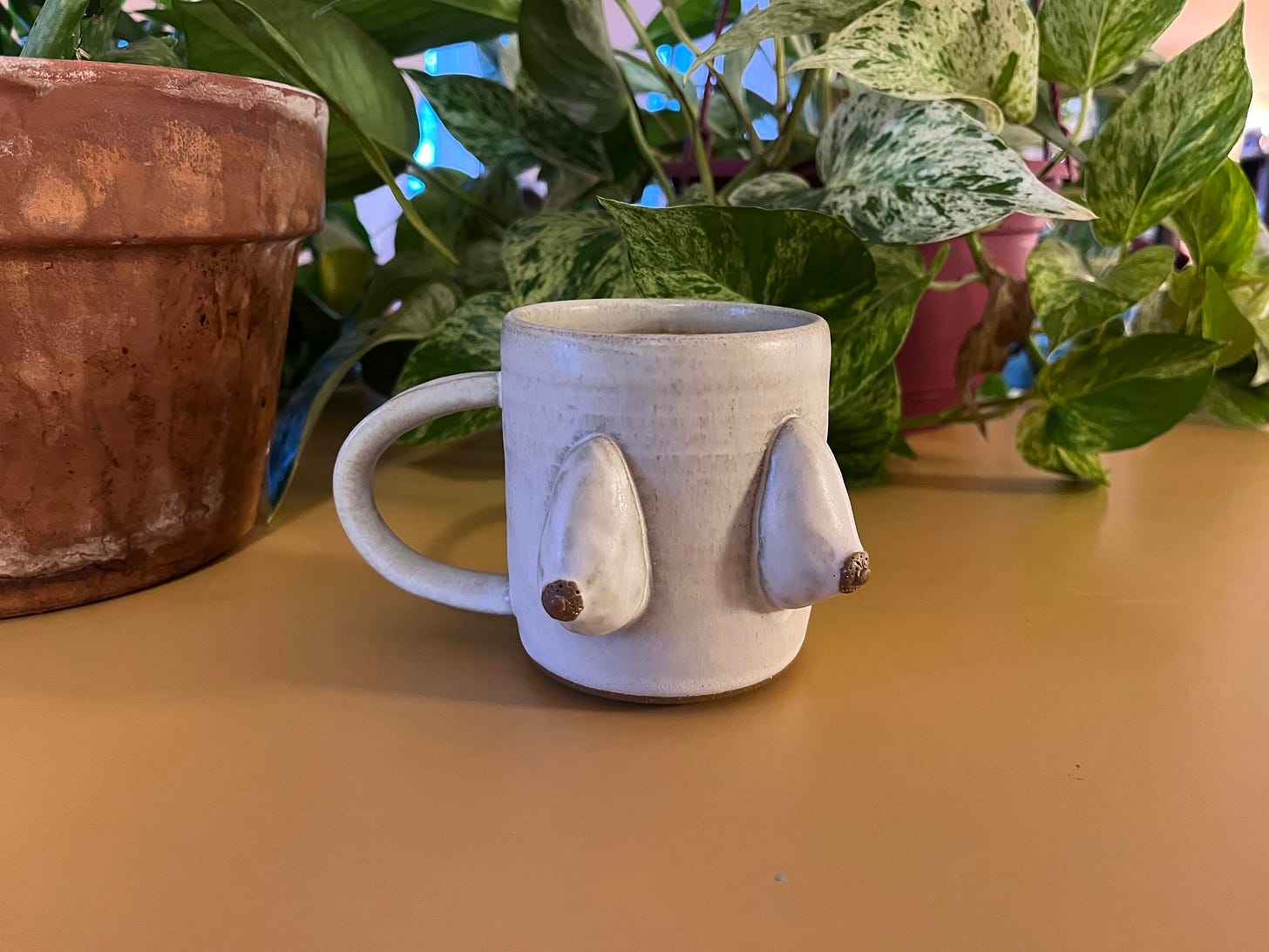 A white mug with a suggestive chest about it