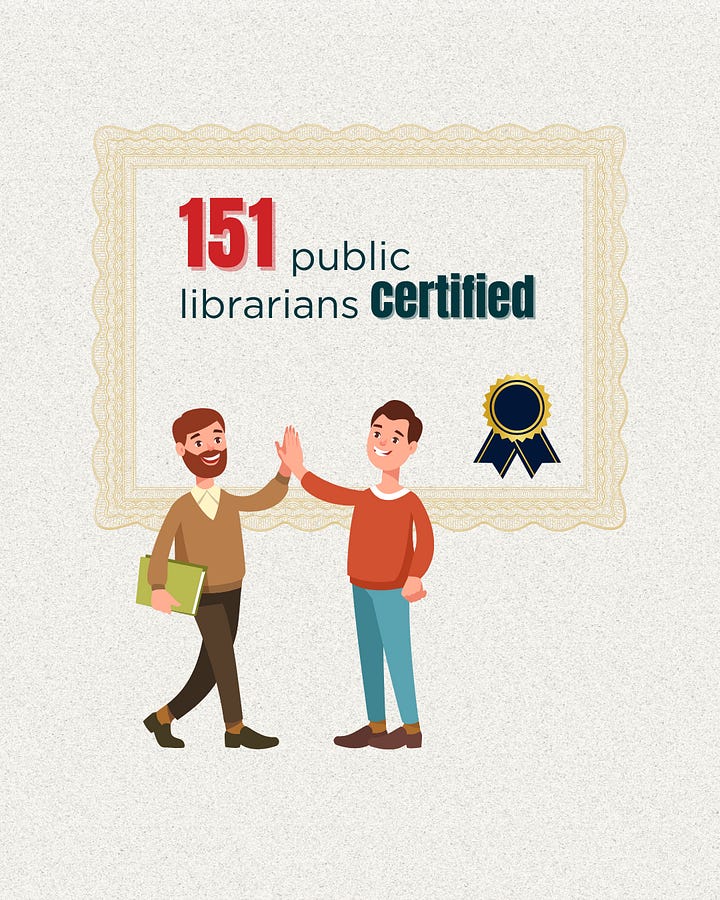 A gallery of 5 images displaying the statistics for continuing education, resource sharing, scholarships, public librarian certification, and state aid funding.