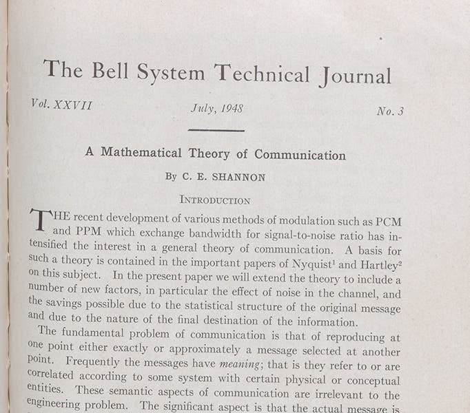 First paragraph of “The mathematical theory of communication,” by Claude Shannon, Bell System Technical Journal, vol. 27, p. 379, 1948 (Linda Hall Library)