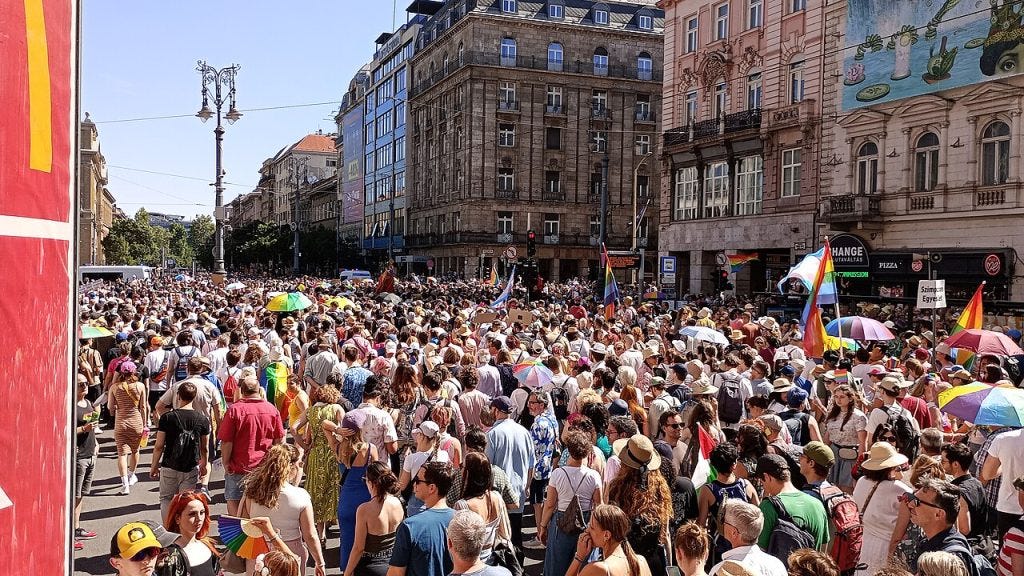 Budapest Pride 2025 crowd marching near Astoria intersection in central Budapest Budapest Pride 2025 crowd marching near Astoria intersection in central Budapest