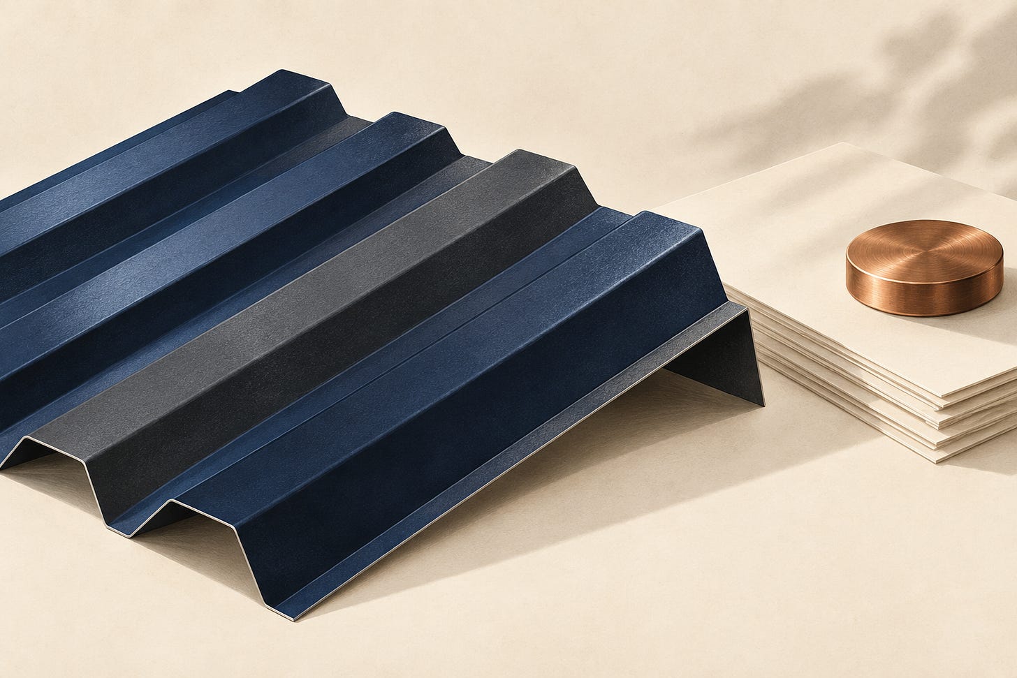 Illustration of folded navy metal beside blank paper and a copper paperweight.