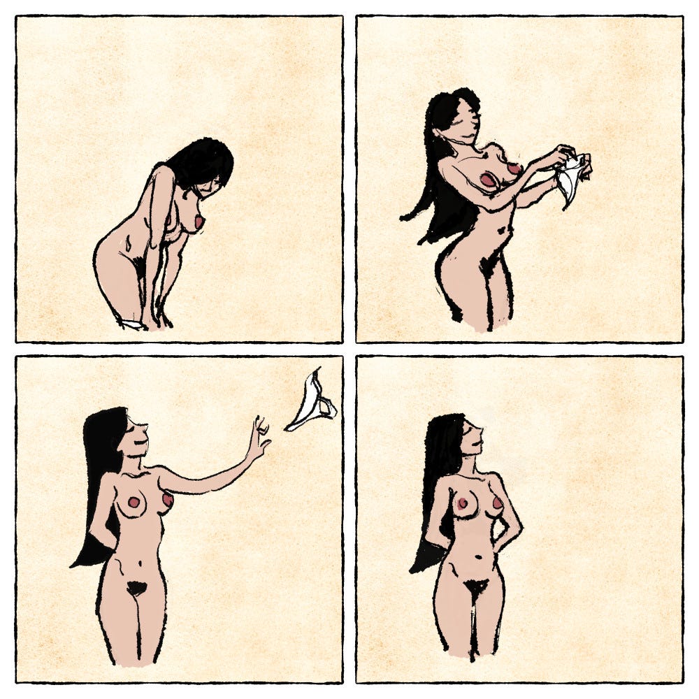 Silent comic strip panels of a smiling woman throwing her underwear in the air, celebrating personal freedom and positive sensuality. Silent comic strip panels of a smiling woman throwing her underwear in the air, celebrating personal freedom and positive sensuality.