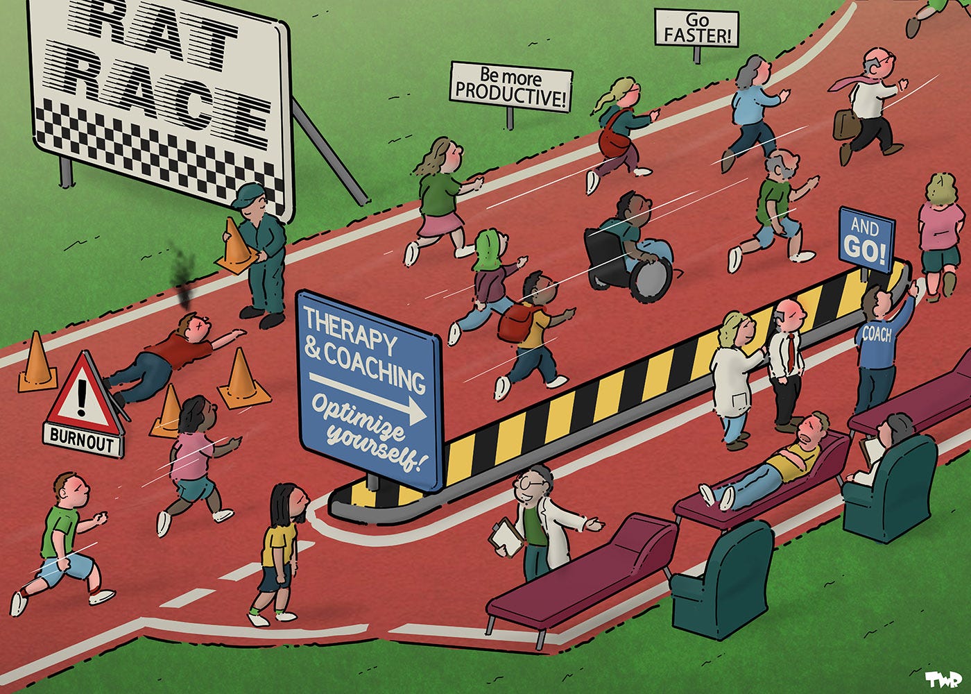 A cartoon depicting a running race. A sign along the track reads "Rat Race" in large letters. Other signs along the track read "Perform!" and "You can do it FASTER!" Sweaty people run past a man who has fallen. Orange cones and a warning sign reading "burnout" are placed around him. At a pit stop along the track, a row of sofas is set up where people can see a psychologist. A sign at the beginning of the pit stop reads "Therapy & Coaching: Optimize Yourself!". A sign at the end of the pit stop lane reads "And on we go!"