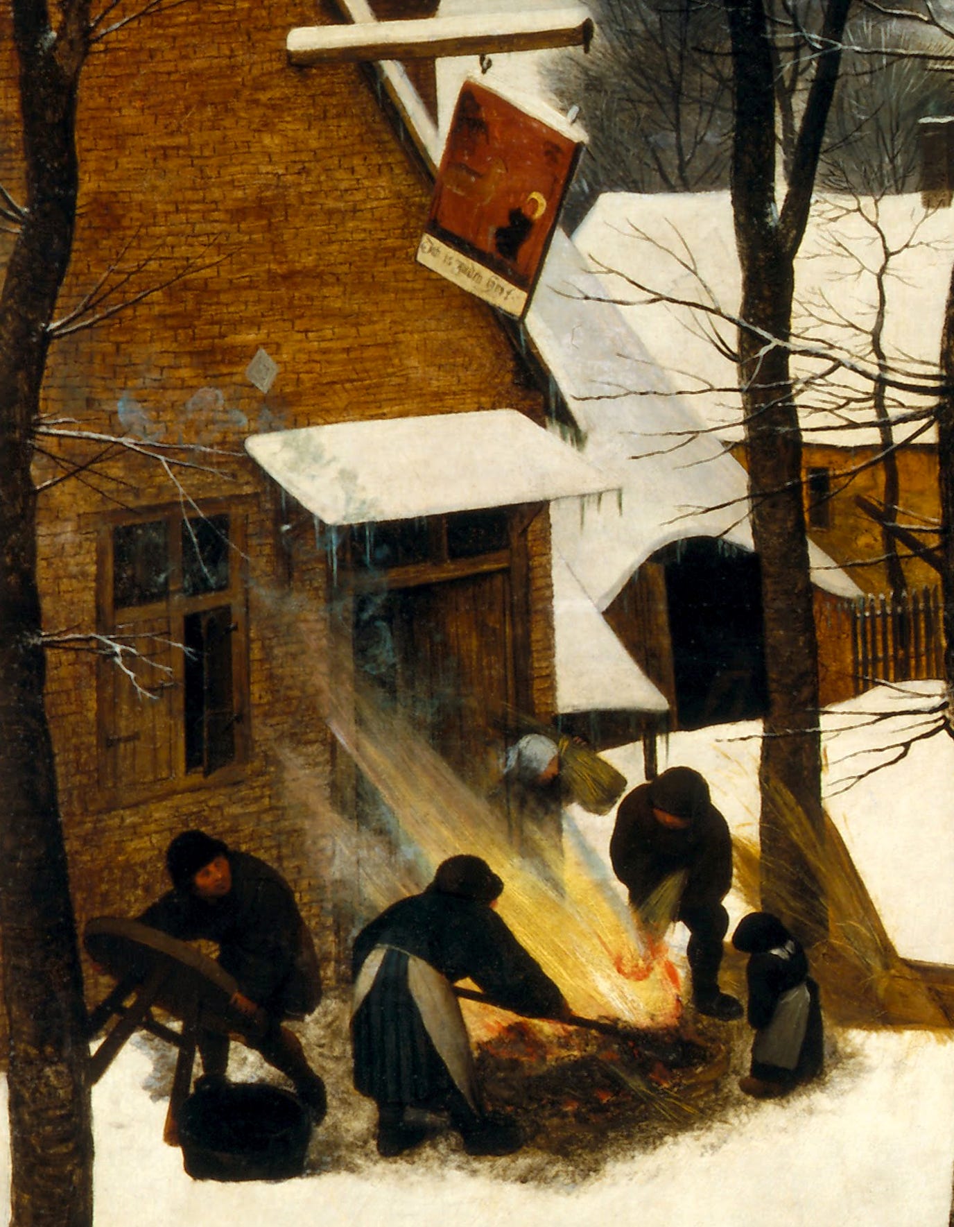 Villagers tend a fire in front of an inn whose sign hangs crooked from a single hook.