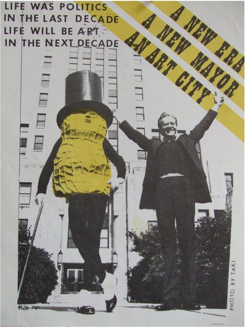 Mr. Peanut campaign artwork featuring a man in a peanut suit and a man stretching his arms out in celebration. Mr. Peanut campaign artwork featuring a man in a peanut suit and a man stretching his arms out in celebration.