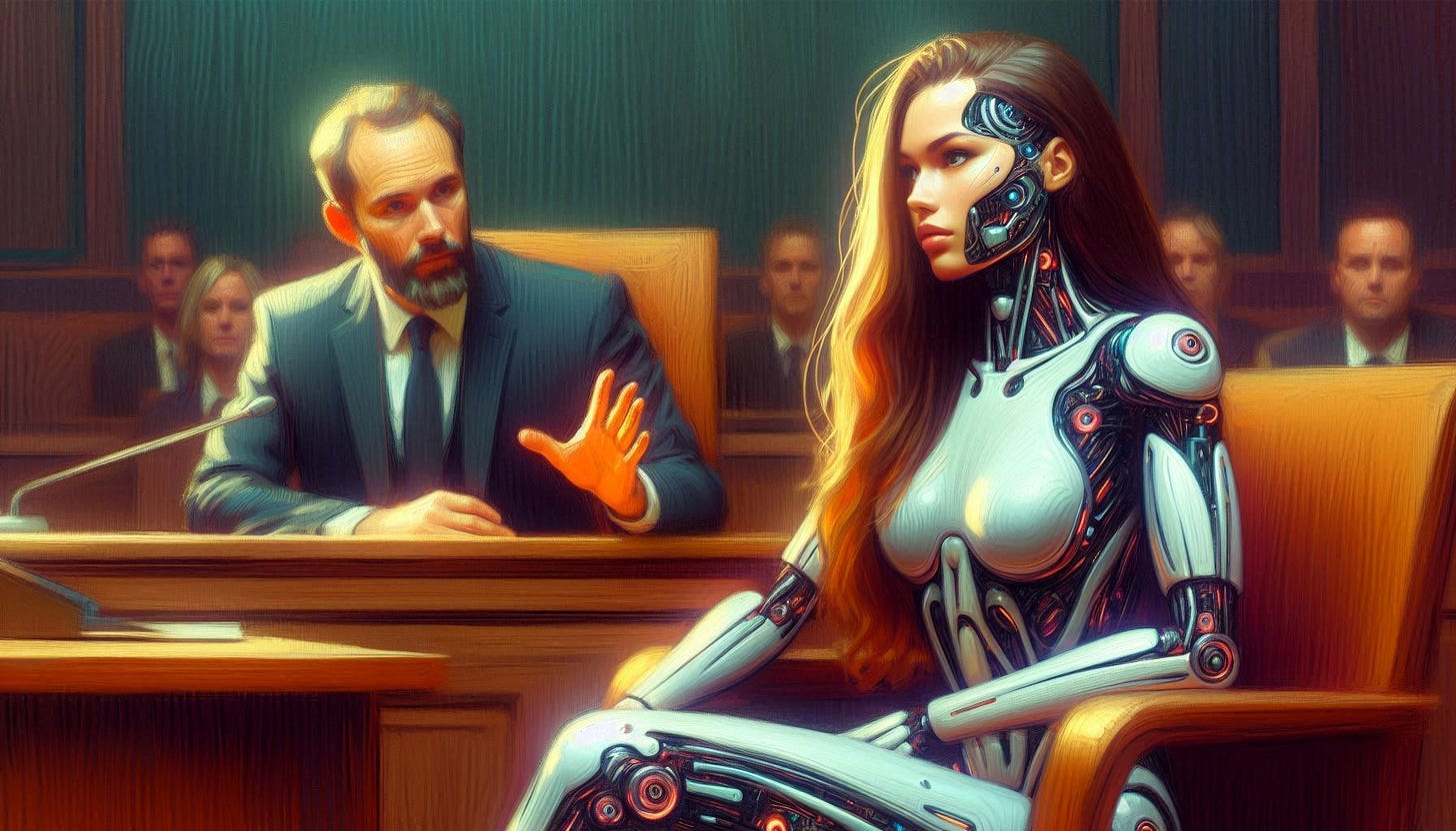 An attractive female cyborg with long brown hair sits in the witness stand as an economist in a black suit prosecutes her. Courtroom scene. Slight impressionist style.