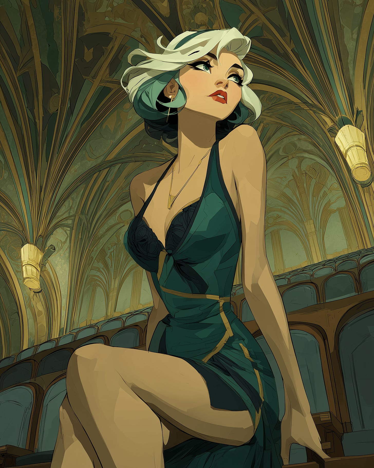 an elegant woman in an emerald gown sitting alone in a grand but completely empty theater, bathed in a single dramatic spotlight, surrounded by hundreds of vacant seats.