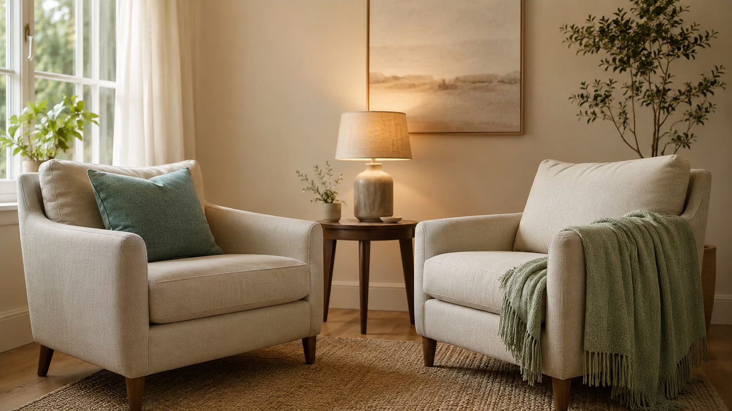 Two comfortable armchairs in a calm private coaching room, representing one-to-one Clinical EFT support.