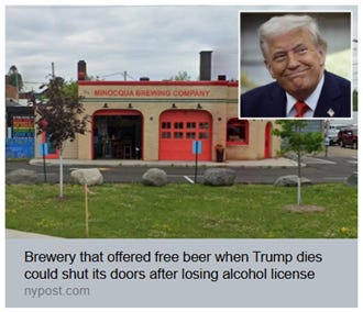 The image depicts a red-brick Minoqua Brewery with a sign indicating a promotion of free beer upon Trump's death, which may lead to the closure of the establishment due to a lost alcohol license. AI-generated content may be incorrect.