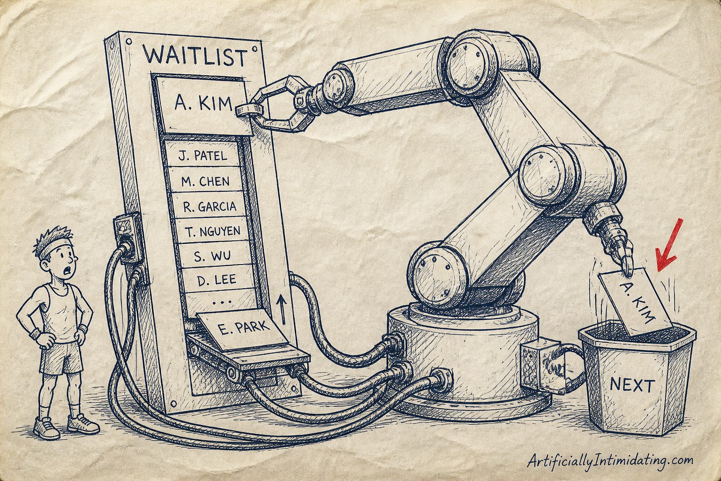 Pen-and-ink cartoon: a large unbranded robot arm, wired by thick cables into a tall board labelled WAITLIST, plucks the top name card off the board and drops it into a bin while a different card slides up into the empty slot. A small gym-goer in a headband and gym clothes stands to one side with his mouth open. A red arrow points at the card being dropped in the bin.