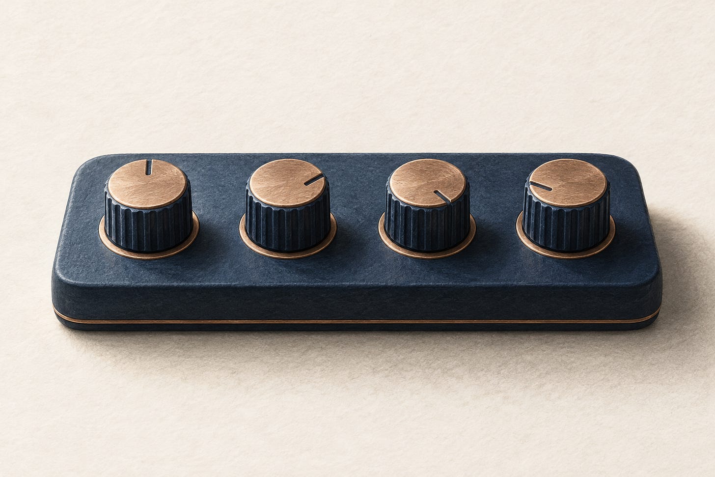 Editorial illustration of four separate unmarked controls on a navy panel. Editorial illustration of four separate unmarked controls on a navy panel.