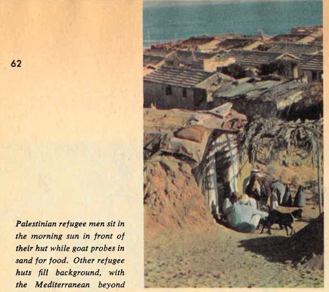 A photo series by David Douglas Duncan depicting life in Gaza’s refugee camps in 1956. Images include men sitting outside makeshift huts near the Mediterranean; workers dyeing thread for scarce income; women protesting rationing; boys studying along the roadside; injured children comforted at a local hospital; children building sand castles and playing jacks on the beach; women carrying sand from the sea for construction; and a man salvaging metal lids for reuse. Together, these images portray the resilience and resourcefulness of a displaced people enduring life under siege.