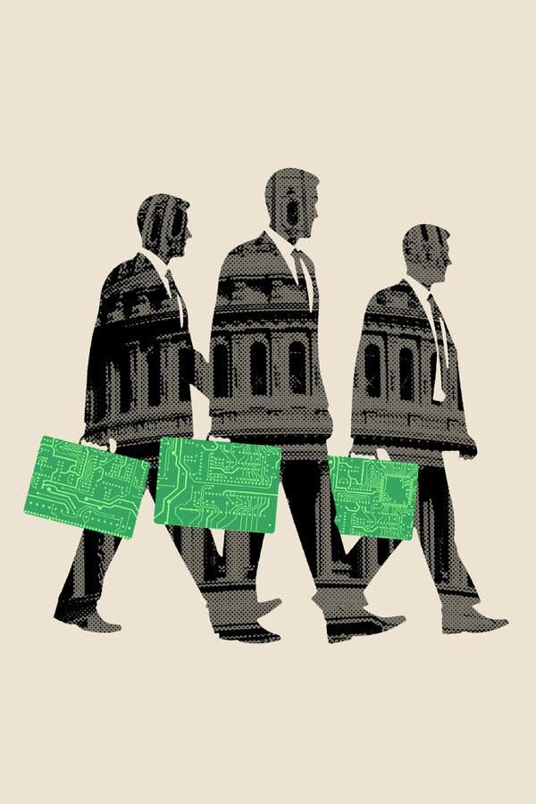 An illustration of three men walking. On their profiles are images of the Capitol. All three are carrying tote bags that look like green circuit boards.