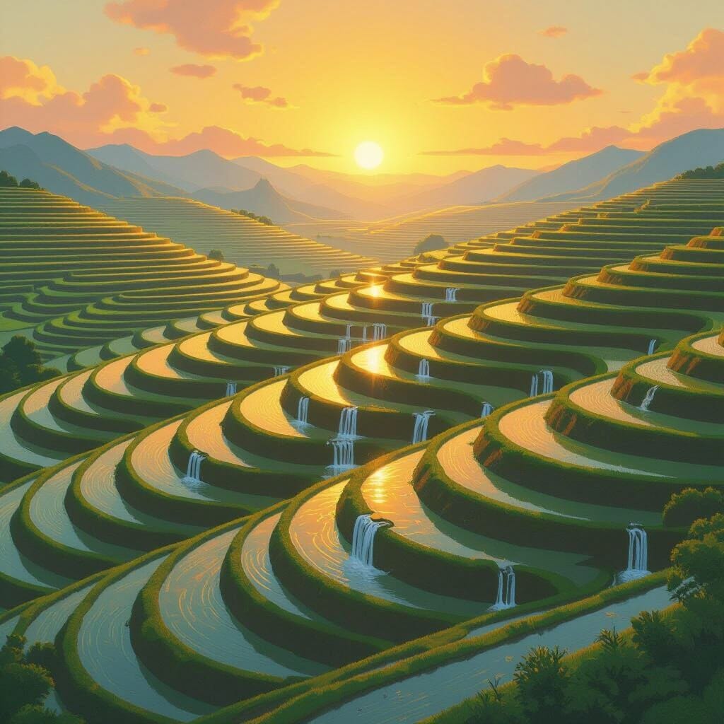 A vast, perfectly terraced mountain landscape with intricate, flowing irrigation channels. A beautiful golden sunset ref… A vast, perfectly terraced mountain landscape with intricate, flowing irrigation channels. A beautiful golden sunset ref…