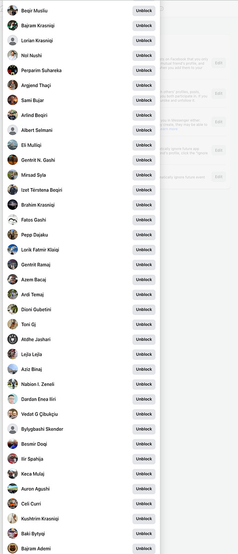 8 out of 17 full Screenshots of the Facebook Block List