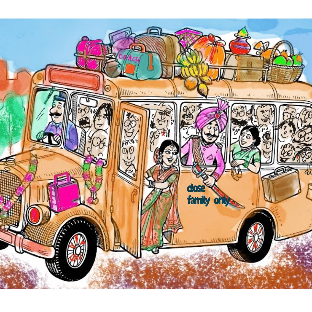 A colorful illustration of a bus packed with happy guests, showcasing why Indian wedding guest lists are so huge.