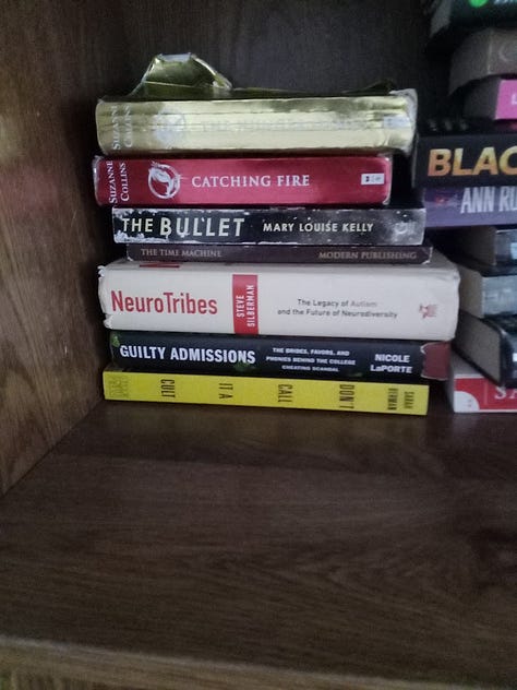 Photos of piles of books on all kinds of subjects, mostly either fiction or popular science