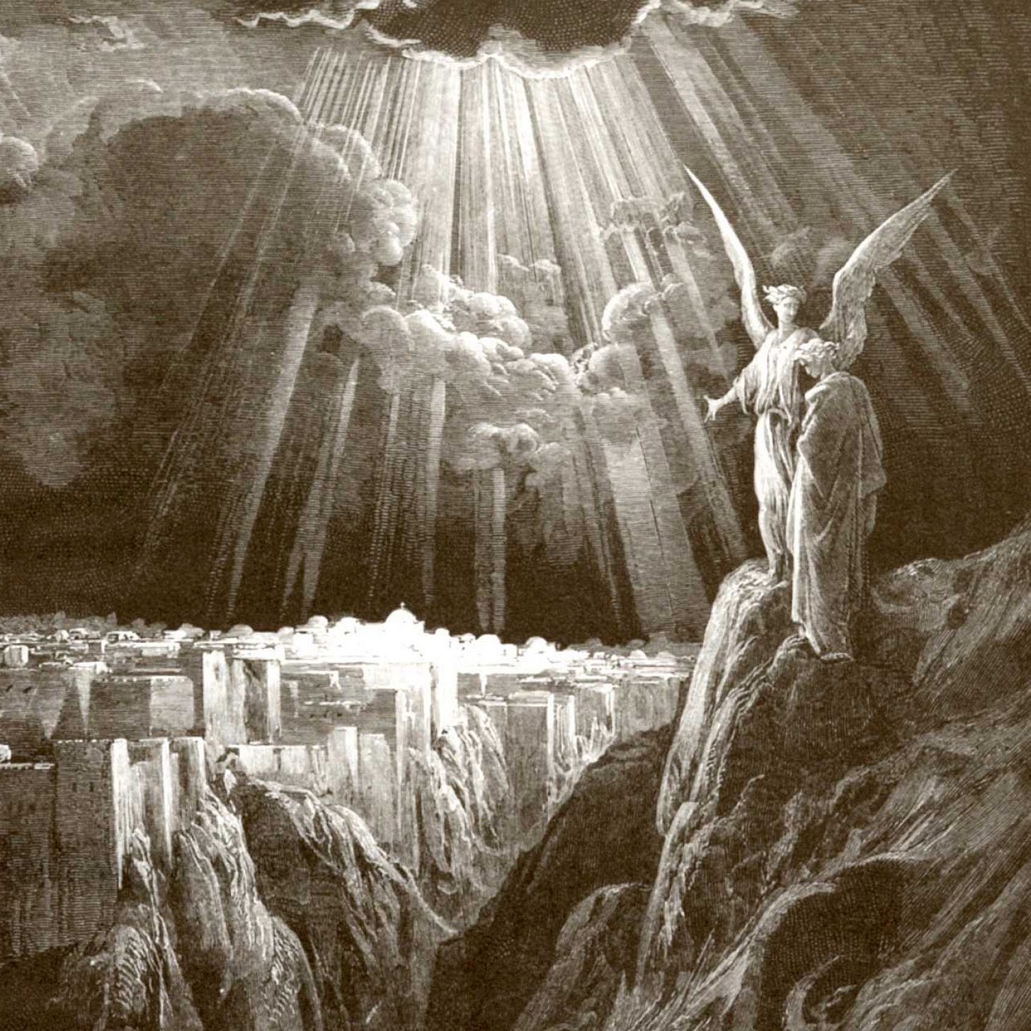 Paul Gustave Dore. Illustration to the Bible: The angel shows the apostle John the new Jerusalem