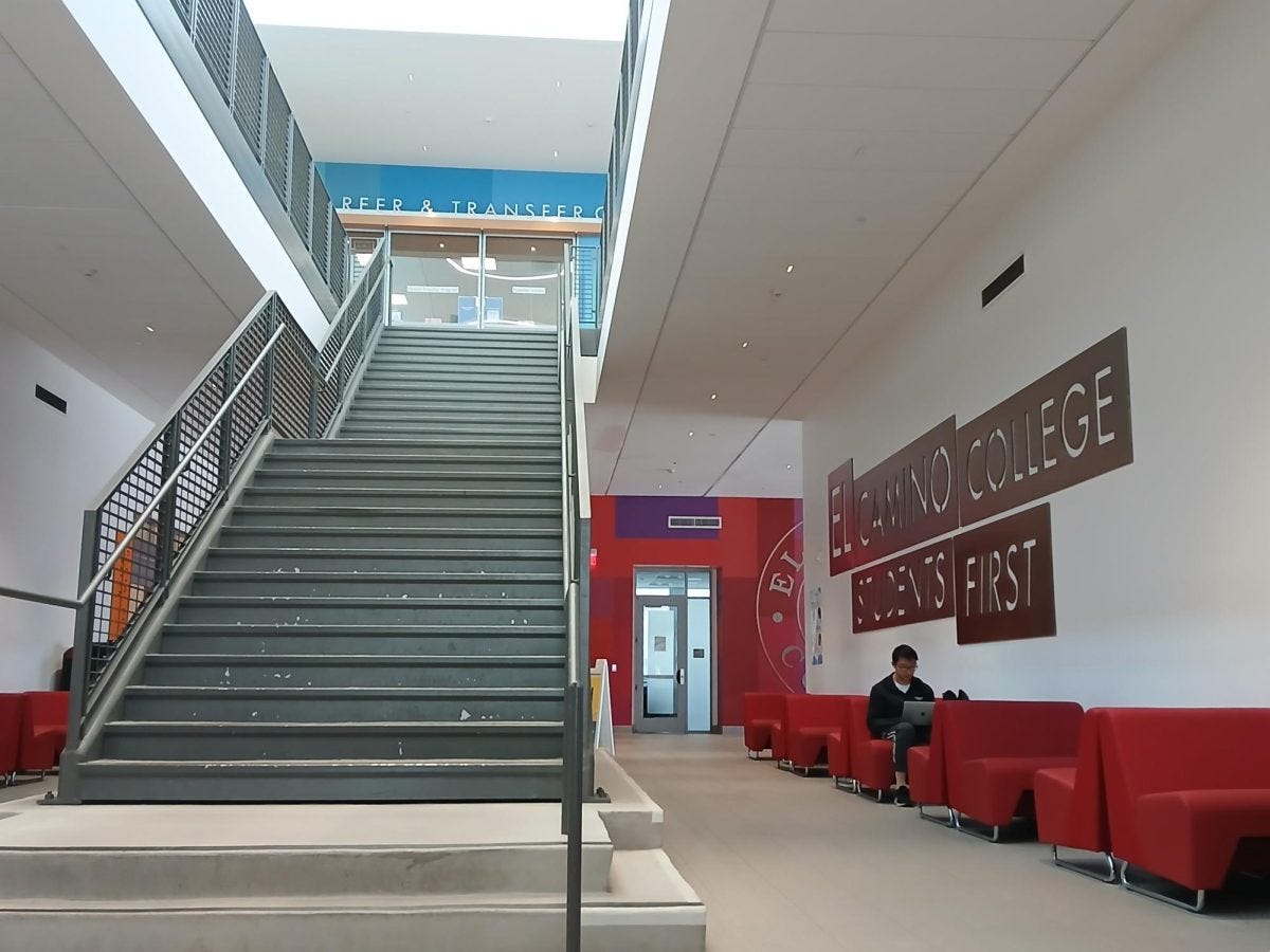 A person sits in the Student Services Building on Friday, May 16. The building will host one of the two ATMs being installed in July on campus. (Tina Talley | The Union)