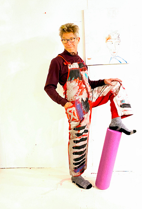 Berta's Handpaintined Caftan and My Red Overalls