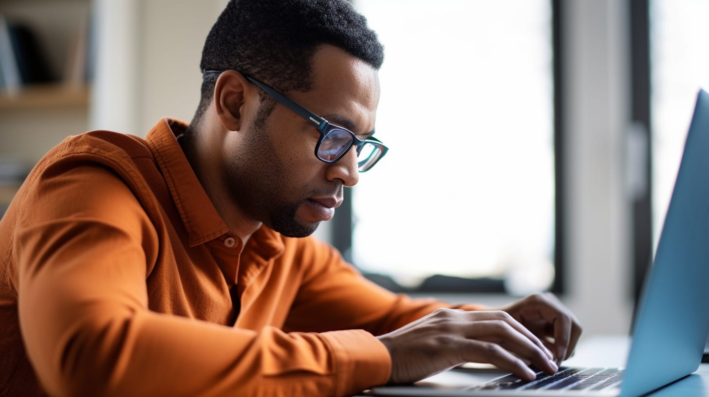 Midjourney prompt: photograph, long angle straight on shot, of an African American wearing eye glasses while working on a laptop computer, colors of Burnt Orange and Air Superiority Blue --no airplanes --ar 16:9 Midjourney prompt: photograph, long angle straight on shot, of an African American wearing eye glasses while working on a laptop computer, colors of Burnt Orange and Air Superiority Blue --no airplanes --ar 16:9