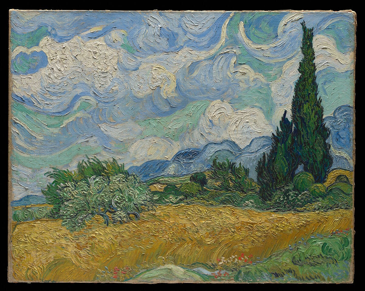 Van Gogh painting of a wheat field with a dark green cypress tree Van Gogh painting of a wheat field with a dark green cypress tree