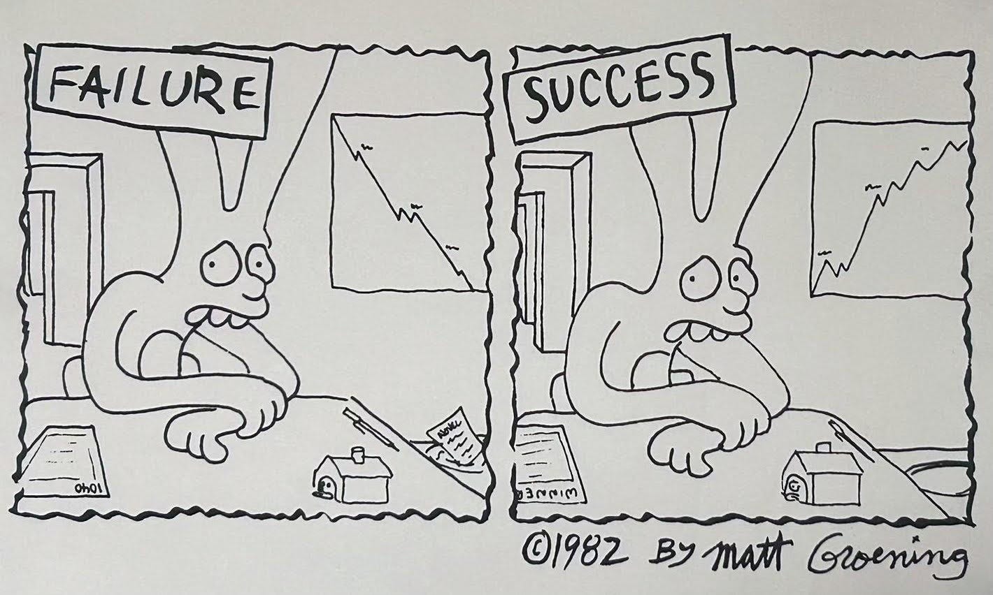 1982 Comic strip by Matt Groening shows the paradox of success, using an early rabbit character of his