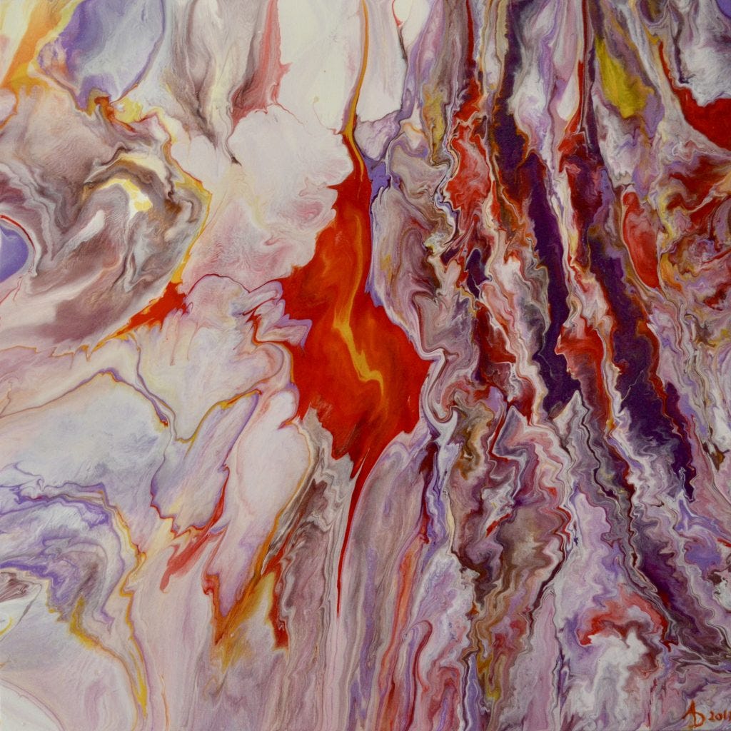 An abstract in orange and purple, with a bright orange flame in the center. Original art by Anna Loscotoff.