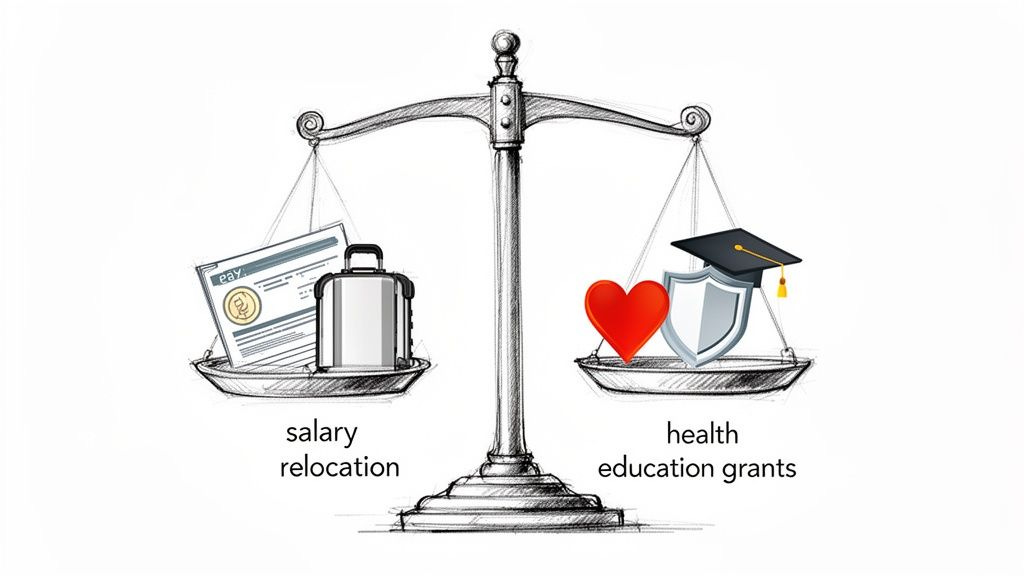 A balanced scale comparing salary, relocation, health, education, and grants as job benefits.