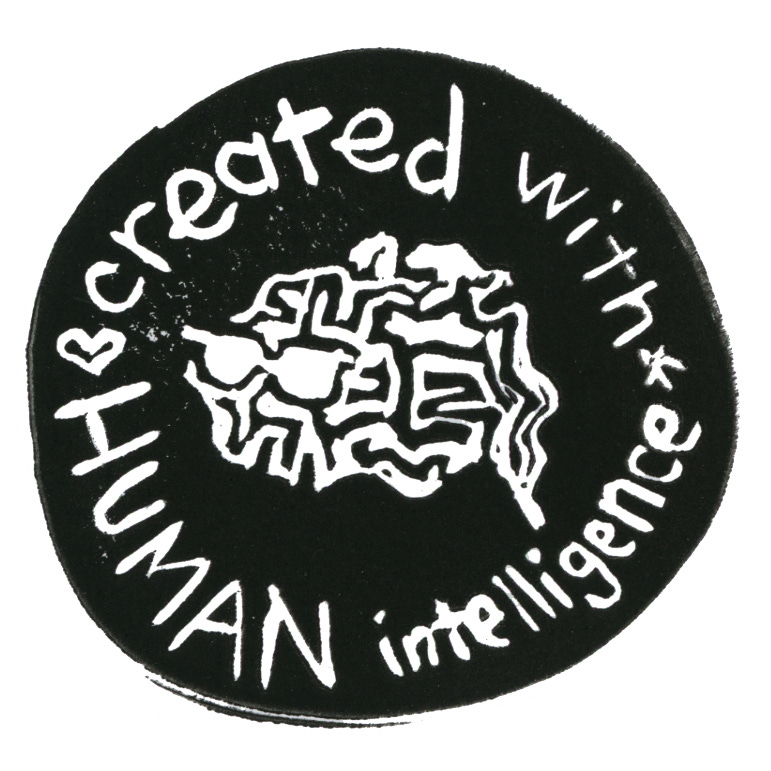 Black circle badge with a brain maze at the center with sunglasses, says "Created with Human Intelligence."