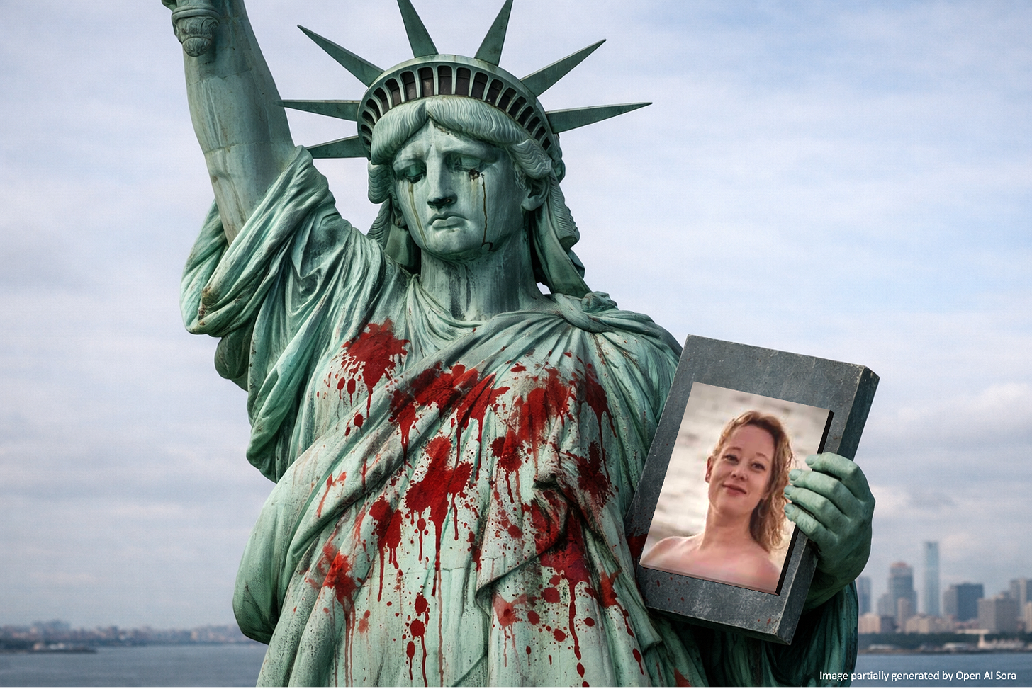 Picture of the Statue of Liberty crying, with tears streaming down her cheeks and blood spattered on her gown. She is holding a photo of Renee Nicole Good, the victim of the ICE shooting in Minneapolis.