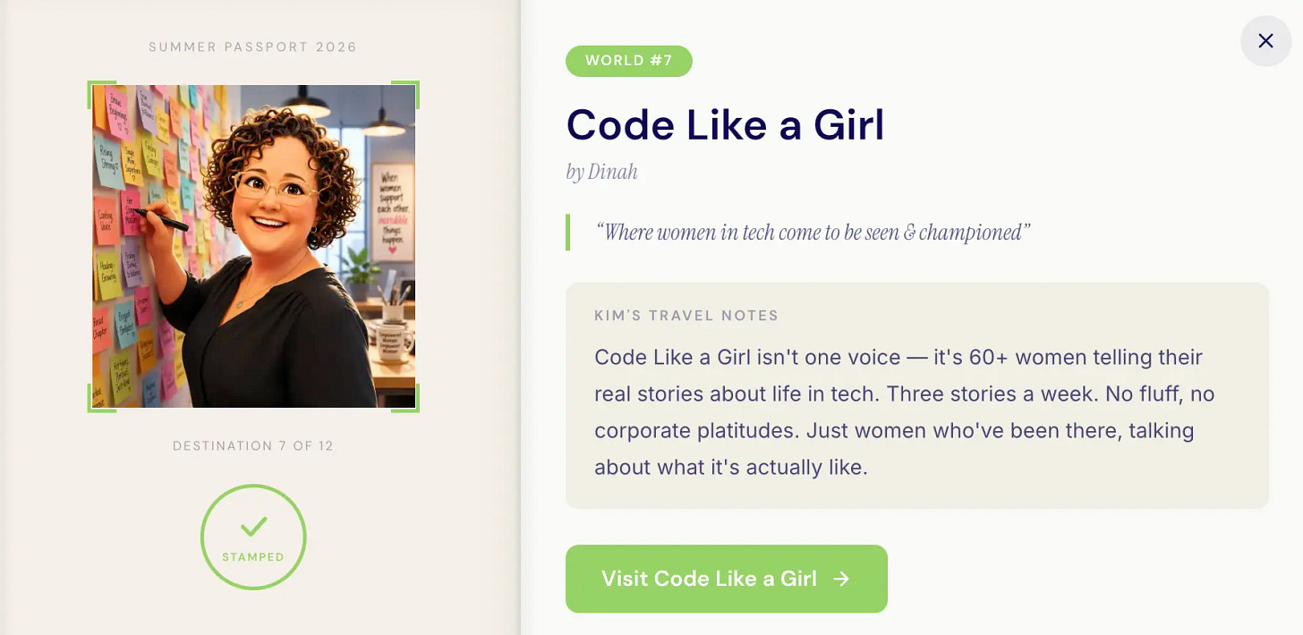 Summer Passport page for Dinah's Code Like a Girl, showing Pixar-style character adding to a wall of colorful sticky notes with Kim's travel notes about the 60-plus women contributors