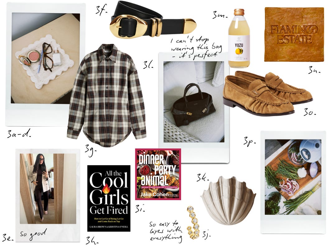 A curated flat-lay collage titled “Purchased,” featuring Mandana Dayani’s recent style, home, and culture favorites. Items include a black-and-gold buckle belt, brown plaid button-down shirt from H+M, tan suede Saint Laurent loafers, structured black Ferragamo handbag, gold statement earrings, ceramic shell-shaped bowl, and a bottle of Yuzu sparkling drink.