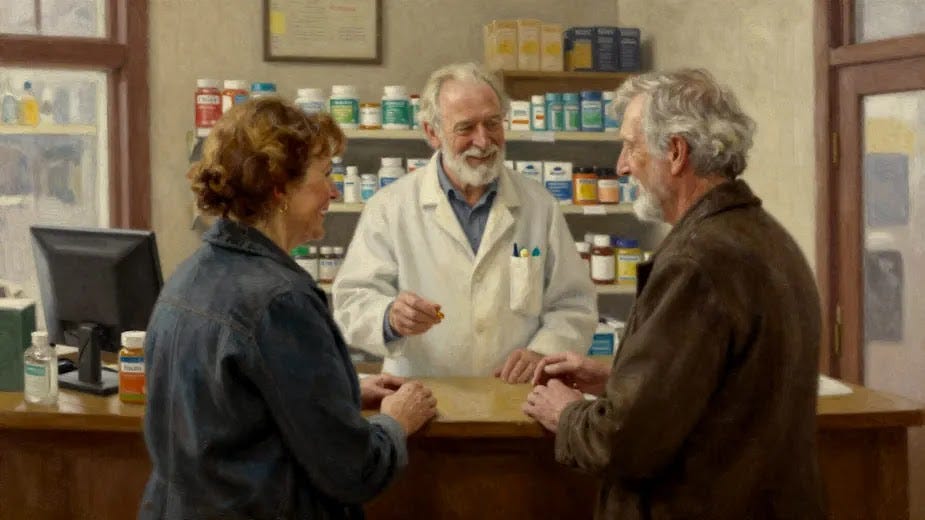 Ask a healthcare provider about vitamins. In a small mid-western town, a smiling senior couple at a drug store asking the local pharmacist about vitamins.