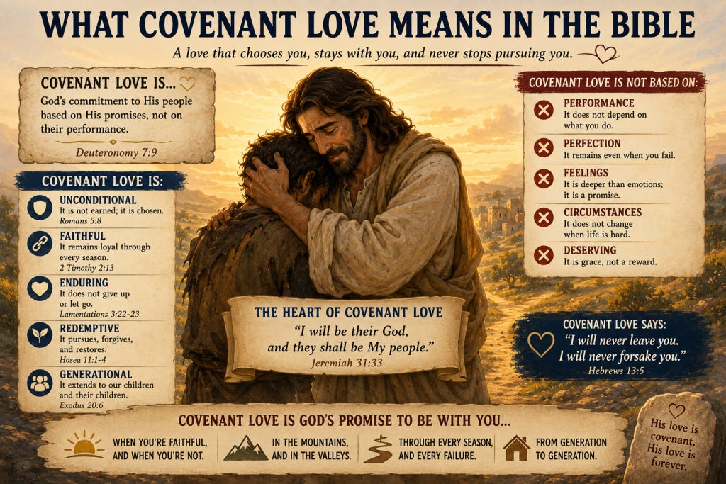 A compassionate Father embraces a weary child, illustrating God's covenant love that is unconditional, faithful, enduring, and based on His promises rather than human performance. A compassionate Father embraces a weary child, illustrating God's covenant love that is unconditional, faithful, enduring, and based on His promises rather than human performance.