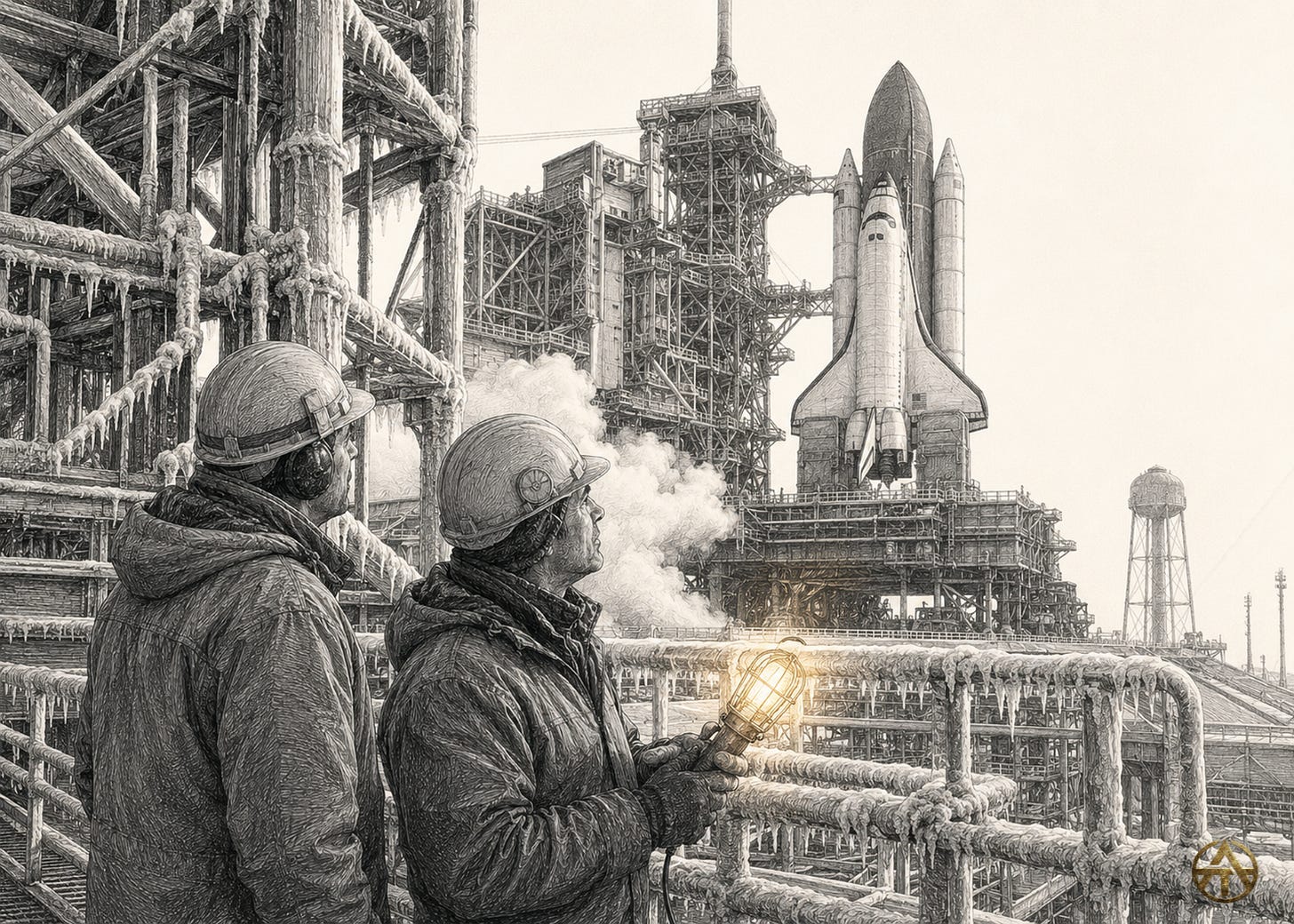 Two technicians inspect ice-covered launch structures as Challenger stands on Launch Pad 39B in the cold morning light.