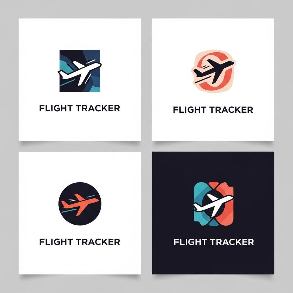 A grid of four distinct, AI-generated logo concepts for a flight tracker app, showcasing different styles: minimalist, classic aviation, calendar-focused, and abstract. A grid of four distinct, AI-generated logo concepts for a flight tracker app, showcasing different styles: minimalist, classic aviation, calendar-focused, and abstract.