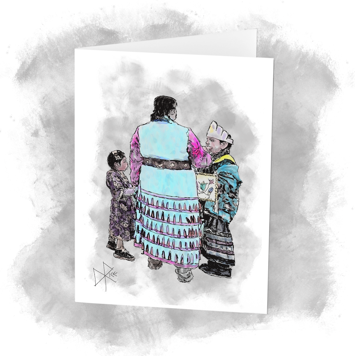 Mother and children enjoying the gathering, and participating in their cultural traditions. Sketch art by Don Rice. Mother and children enjoying the gathering, and participating in their cultural traditions. Sketch art by Don Rice.