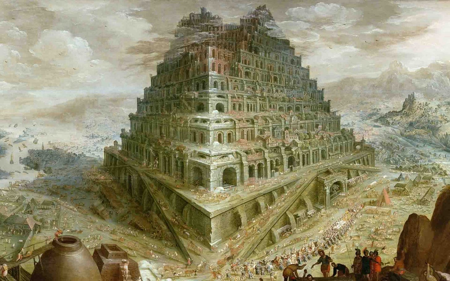 A nearly completed Tower of Bael with mobs of people in and around it. A nearly completed Tower of Bael with mobs of people in and around it.