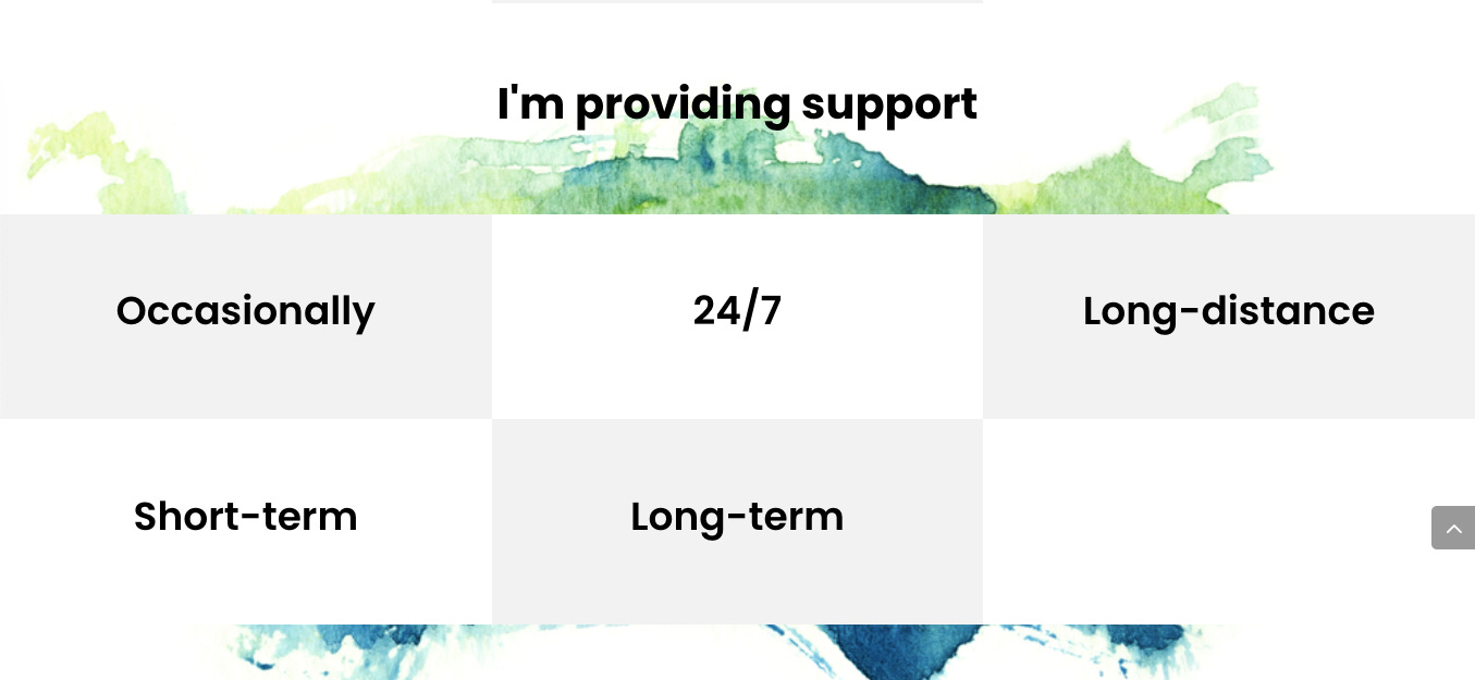 Screenshot of the Caregiver Space website with buttons to filter stories by topic: I'm providing support... occasionally, short-term, long-term, 24/7, long-distance Screenshot of the Caregiver Space website with buttons to filter stories by topic: I'm providing support... occasionally, short-term, long-term, 24/7, long-distance