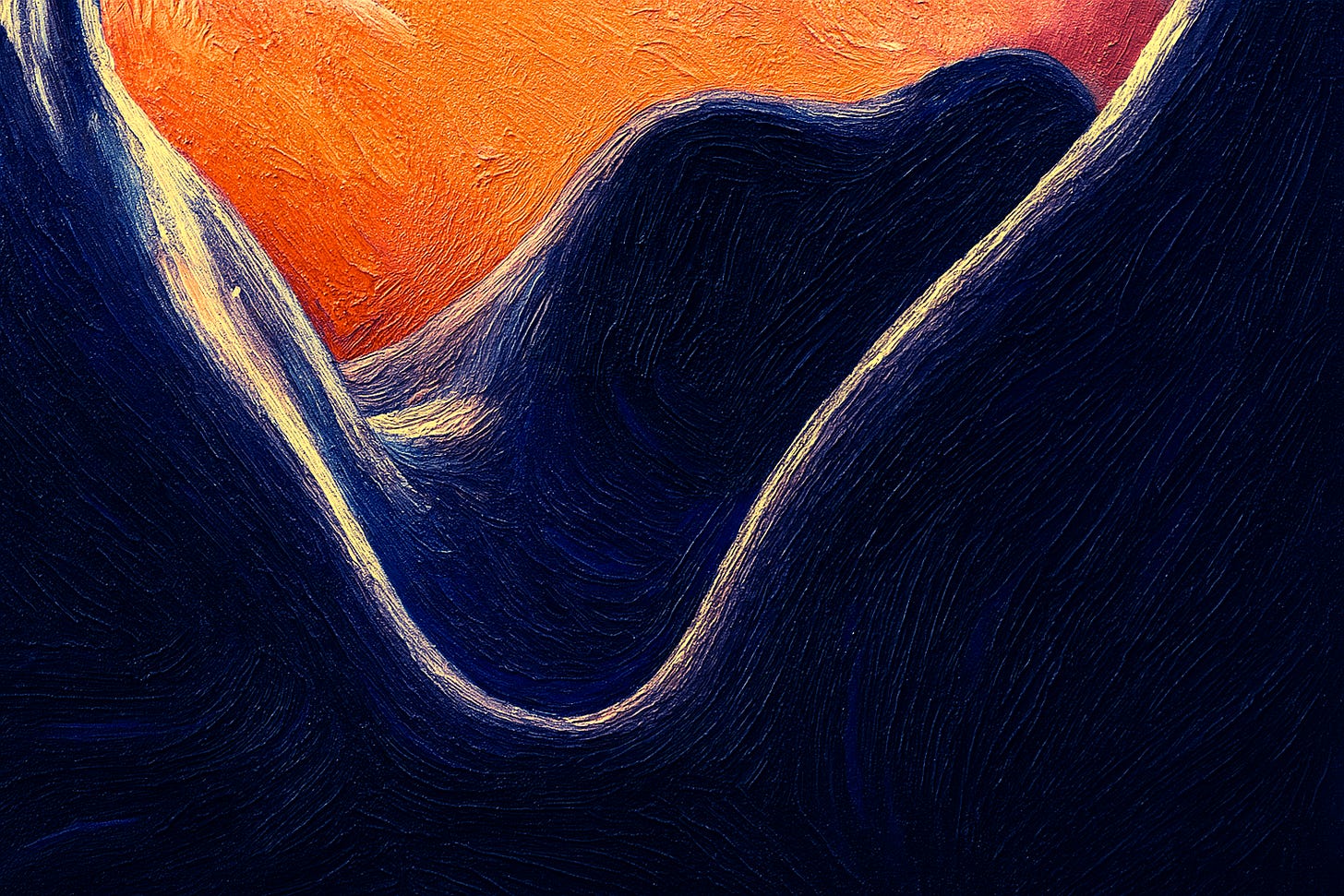 A shaded render of a curved landscape, with an orange sky and bluish shapes. A shaded render of a curved landscape, with an orange sky and bluish shapes.