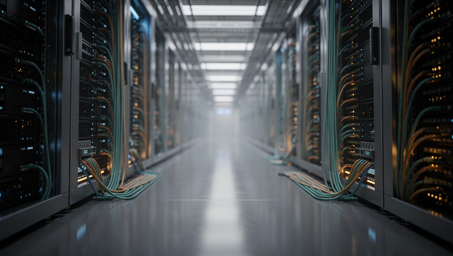 Cinematic macro photography of an endless corridor inside a next-generation data center, rows of server racks with GPUs glowing with subtle blue and amber LED lights, polished metallic surfaces reflecting the lighting, organized fiber-optic cabling, vanishing-point perspective fading into soft blur, shallow depth of field, industrial yet premium atmosphere, dramatic side lighting with cool tones contrasted by warm accents, sense of scale and magnitude, high-end financial editorial photography, no text, no logos, no people. Cinematic macro photography of an endless corridor inside a next-generation data center, rows of server racks with GPUs glowing with subtle blue and amber LED lights, polished metallic surfaces reflecting the lighting, organized fiber-optic cabling, vanishing-point perspective fading into soft blur, shallow depth of field, industrial yet premium atmosphere, dramatic side lighting with cool tones contrasted by warm accents, sense of scale and magnitude, high-end financial editorial photography, no text, no logos, no people.