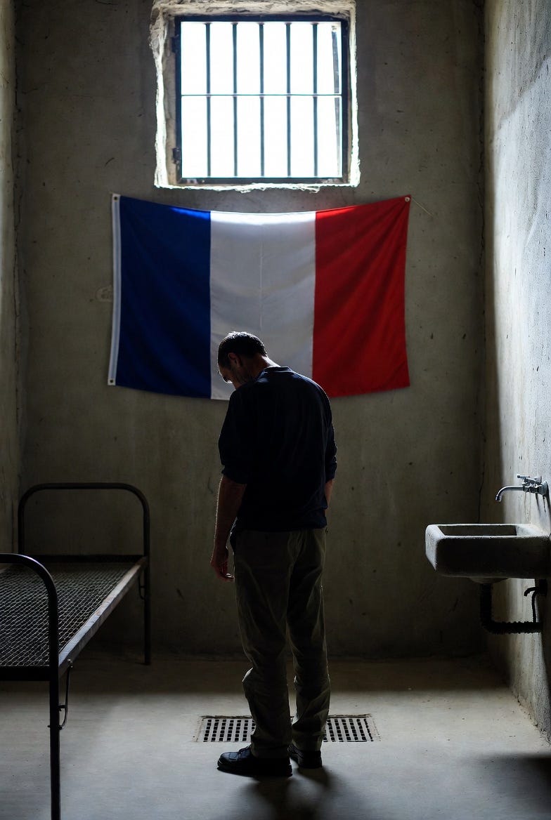 A man in a prison cell with a French flag, in a somber, photographic style.