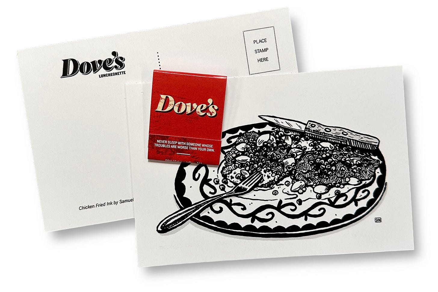 Illustrated Dove’s Luncheonette postcard beside a red matchbook with printed text.