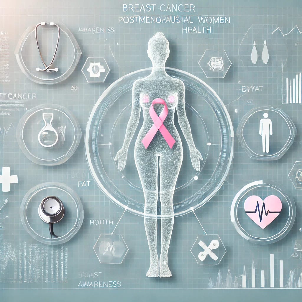 A visually appealing and professional image emphasizing breast cancer awareness and health research in postmenopausal women. The design features a female silhouette with sections representing body fat and health metrics, surrounded by medical symbols like a ribbon for breast cancer awareness, a stethoscope, and subtle graphs or data visuals in the background. The setting conveys innovation and precision in healthcare research with a clean and modern aesthetic using soft pastel colors.