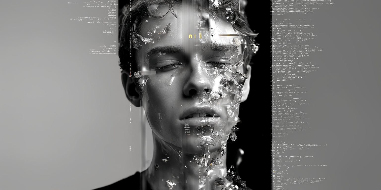 Black-and-white portrait of a human face partially fragmented and overlaid with data and code, symbolizing increased productivity, cognitive strain, and diminished self-trust in the age of AI.