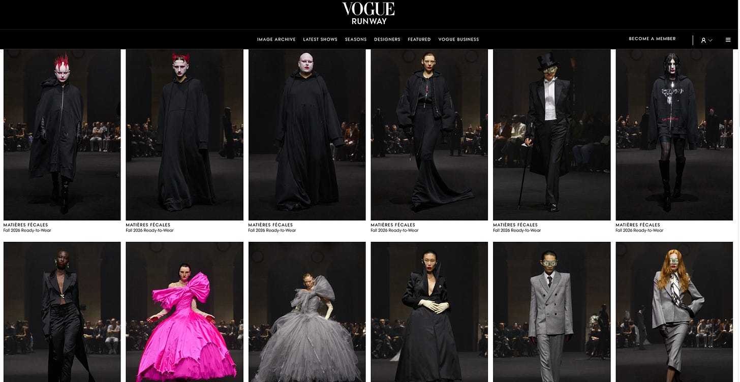 Screenshot of the Vogue image archive showing rows of looks from the Fall 2026 collection of Materiales Fecales.
