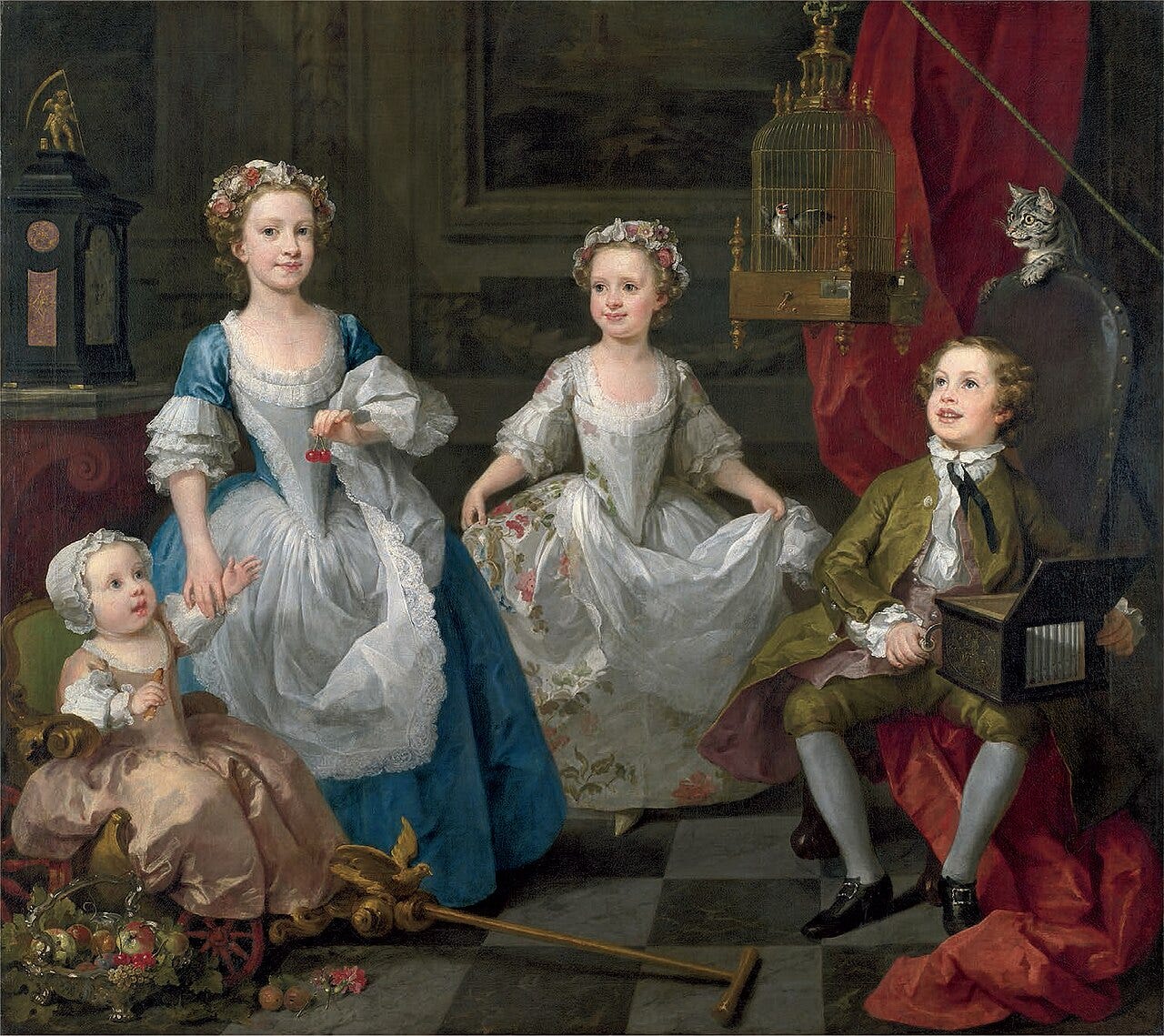 Hogarth's Graham Children, four siblings posed with a caged bird and a cat Hogarth's Graham Children, four siblings posed with a caged bird and a cat
