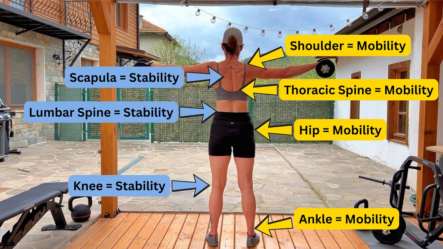 Each joint labeled by its primary need, alternating mobility and stability from the ankle up to the shoulder.